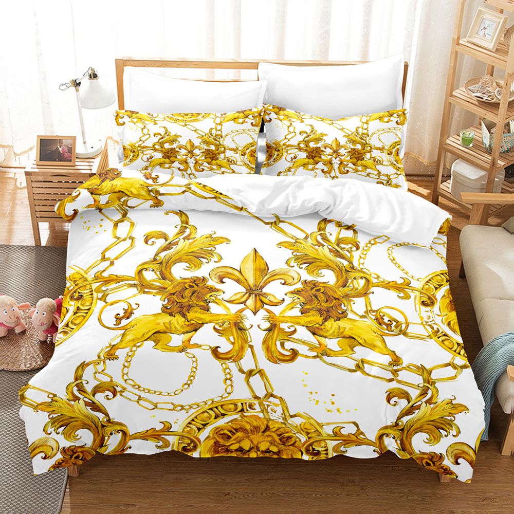 Black And Gold Brushed Chemical Fiber Digital Printing Golden Pattern Psg Bedding Three Piece Bed Sheet_voghion.com
