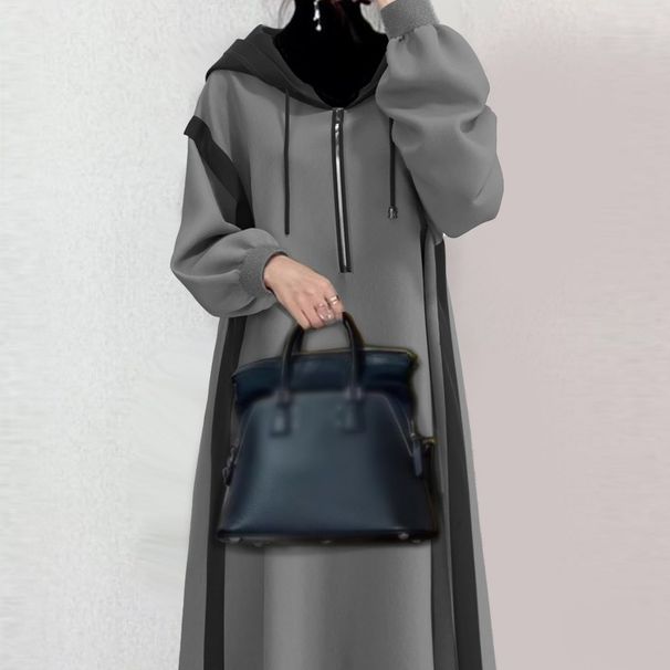Damen-Pulloverkleid mit Kapuze und Reißverschluss und Farbblock-Design, langärmelige Pullover-Tunika für lässige Streetwear_voghion.com