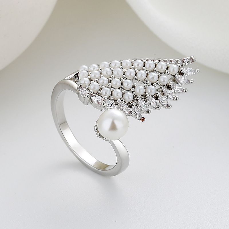 Micro-set Zircon Ring, Pearl Wing Opening Ring, Women's Versatile Adjustable Index Finger Ring_voghion.com