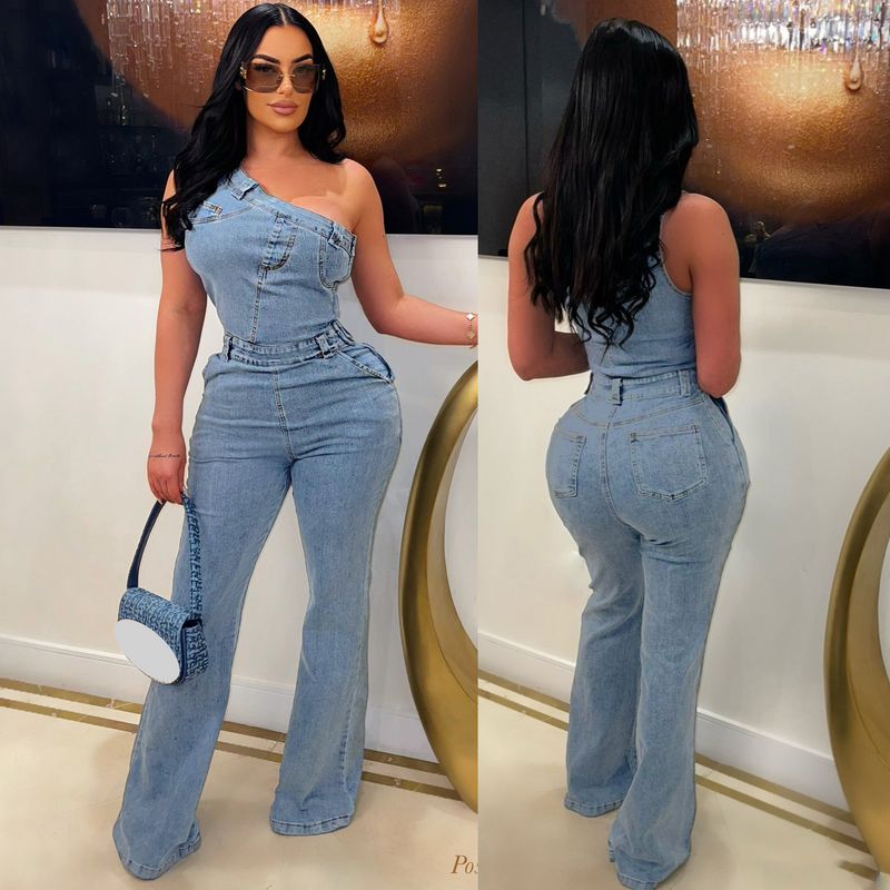 Women's Clothing oblique shoulder tight waist slim elastic washed denim jumpsuit jumpsuit flared pants_voghion.com