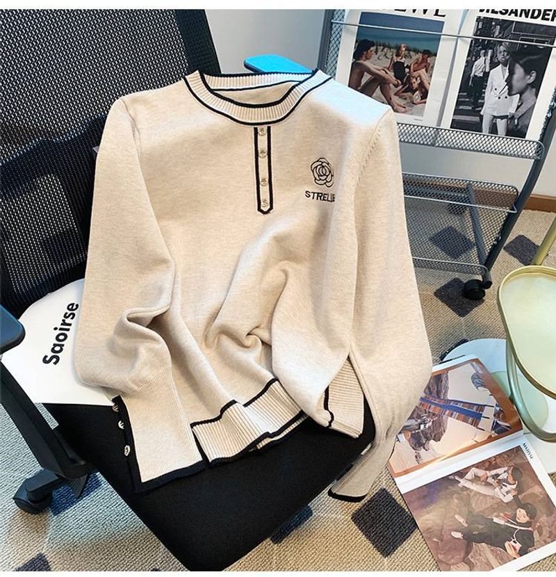 Women's Clothing long sleeved bottoming shirt autumn and winter new button embroidery loose knit sweater women's round neck sweater_voghion.com