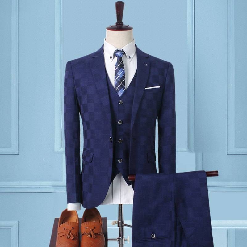 3pcs Men's Suits, Check Pattern Suit, Custom Suits, Men's Business, Casual, Slim Fit Groom Groomsman Wedding Dress (top, Pants, Vest)_voghion.com