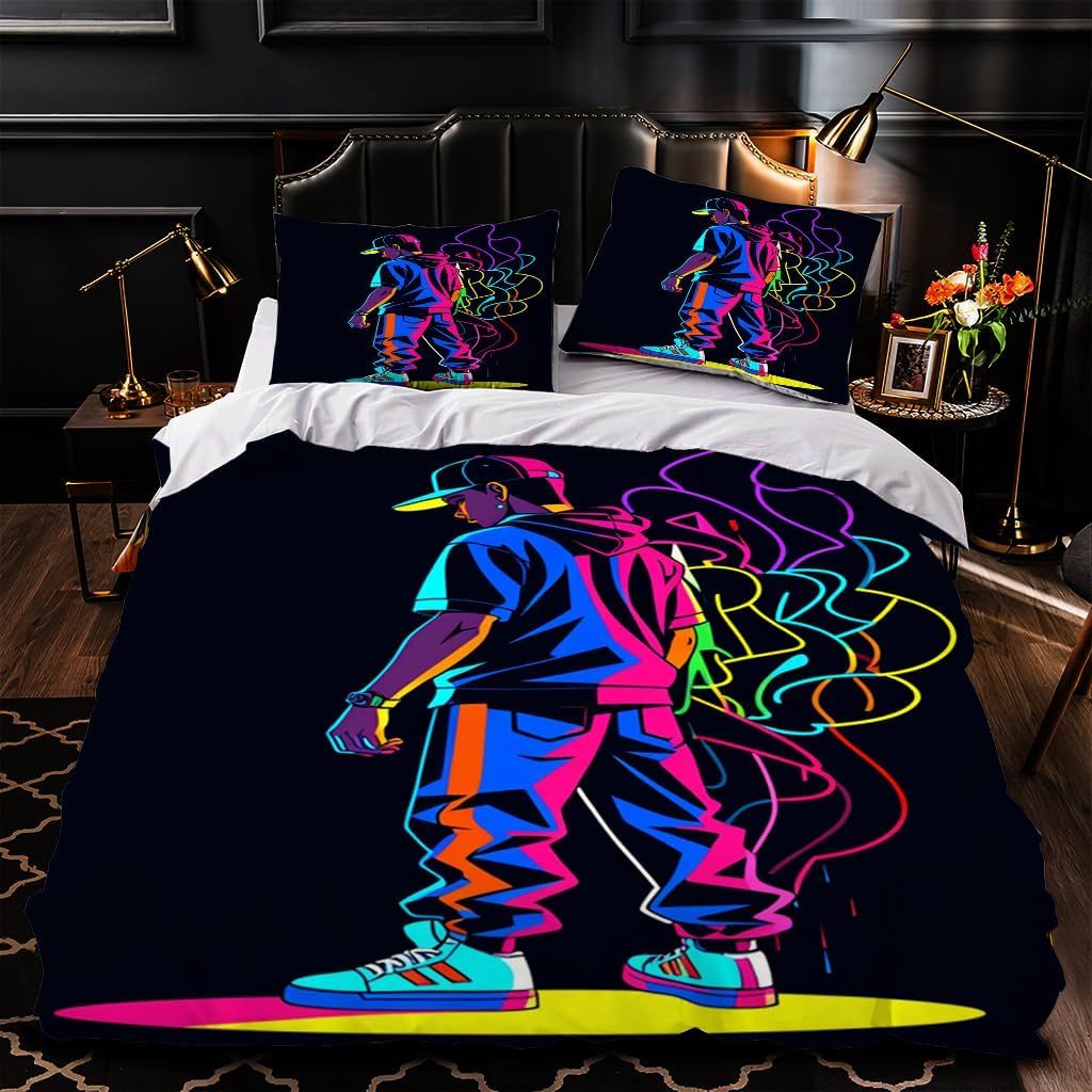 Set di biancheria da letto con stampa graffiti hip-hop, copripiumino singolo, set di biancheria da letto morbida con 2 federe per bambini, ragazzi, ragazze, adolescenti, uomini_voghion.com