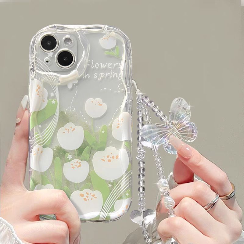 3D Wave-skal för Samsung S24 S23 S22 S21 Plus Ultra S20 FE A05S A05 A04 A03 A55 A54 A35 M54 M34 M14 M15 Estetiskt vitt tulpan- och fjärilsskal_voghion.com