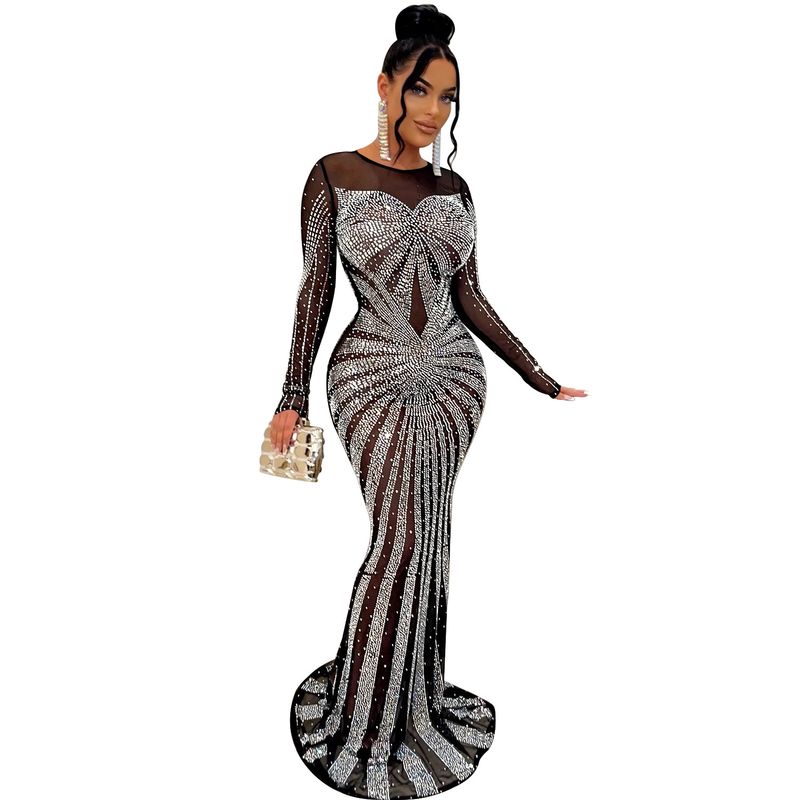 Women's Clothing Fashion Women's Solid Color Mesh See Through Hot Diamond Long Sleeved Long Skirt Dress_voghion.com