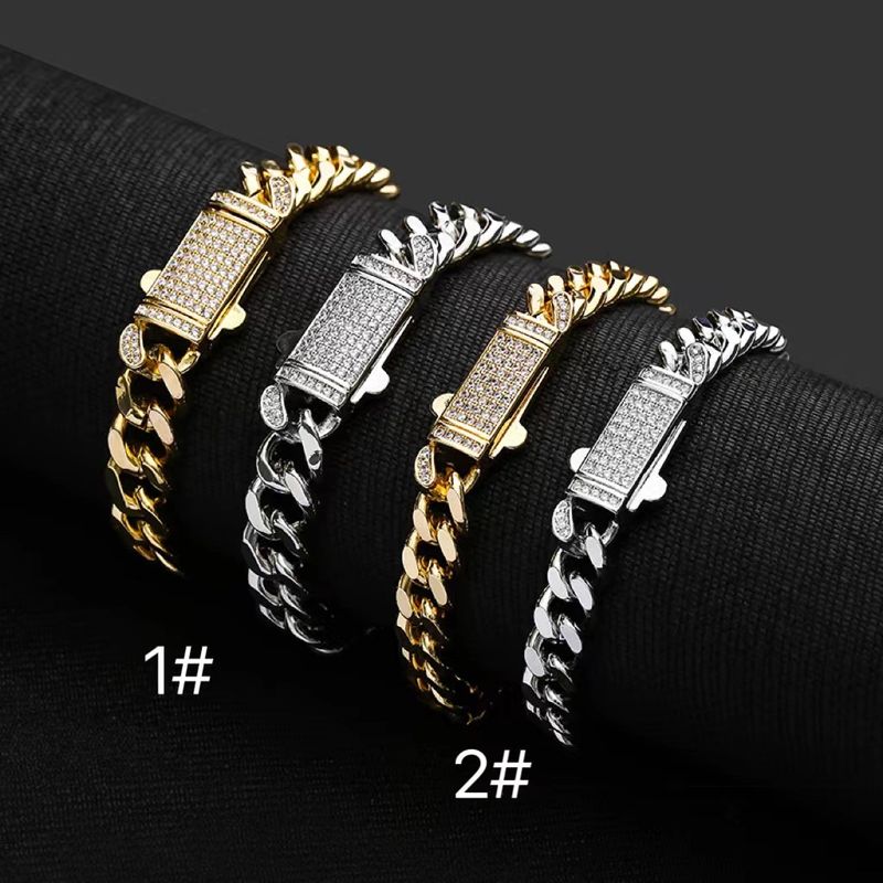 Pulsera de cadena cubana con incrustaciones de cobre y circonitas que preserva el color para hombre, estilo hip hop, con hebilla de resorte y cifrado de pulido redondo, joyería para parejas._voghion.com