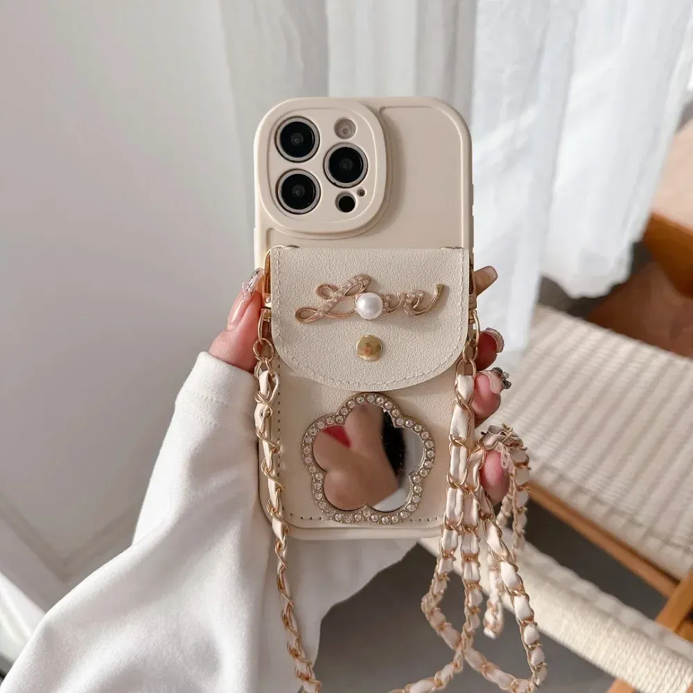 Crossbody Mirror Wallet Kartenhalter Handyhülle für iPhone 16 15 14 13 12 11 Pro Max XS XR 7 8 Plus PU Leder Schutzhülle_voghion.com