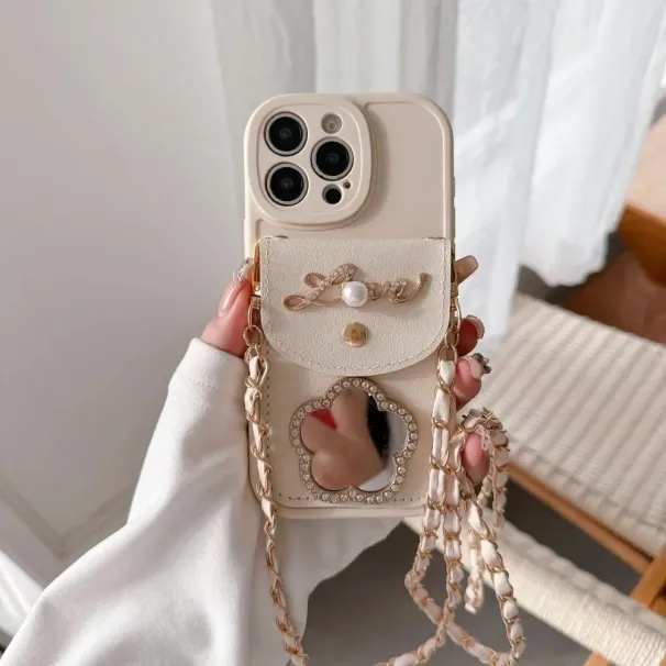 Crossbody Mirror Wallet Kartenhalter Handyhülle für iPhone 16 15 14 13 12 11 Pro Max XS XR 7 8 Plus PU Leder Schutzhülle_voghion.com