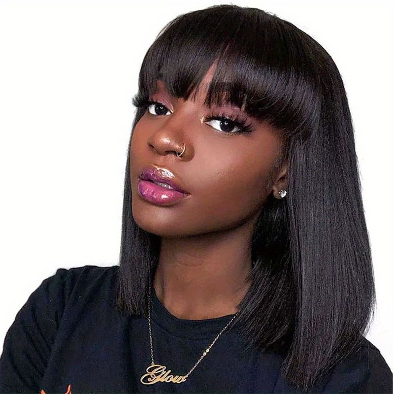 Pruik van echt haar met hoge dichtheid en natuurlijke kleur en pony - Perfect voor hoofdbedekking en stijlverbetering_voghion.com