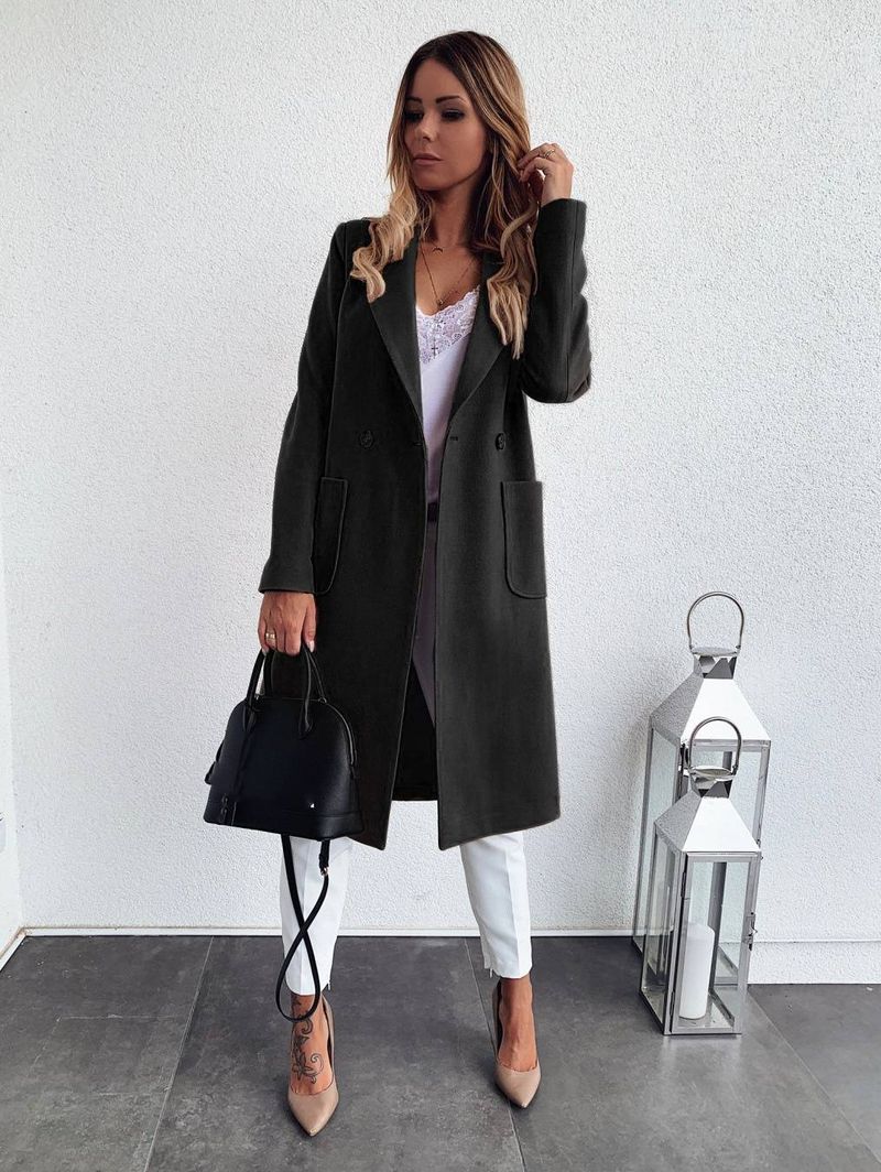 Women's Clothing Solid Color Long Sleeve Double Pocket Suit Collar Woolen Jacket_voghion.com