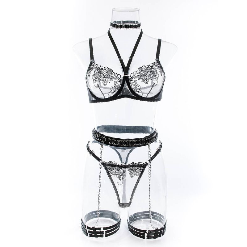 Women's Sexy Lingerie High Quality Heavy Duty Embroidery Handmade Metal Chain Halter Neck Sexy Lingerie Five Piece Set Hot Spot_voghion.com