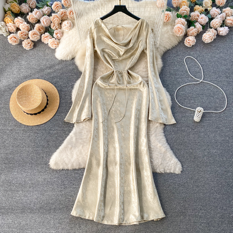 Vestido midi elegante retrô evasê - Vestido de cintura alta com corte em A e cauda de peixe, mangas compridas, vestido formal de escritório em chiffon para mulheres (bege, P/M/G)_voghion.com