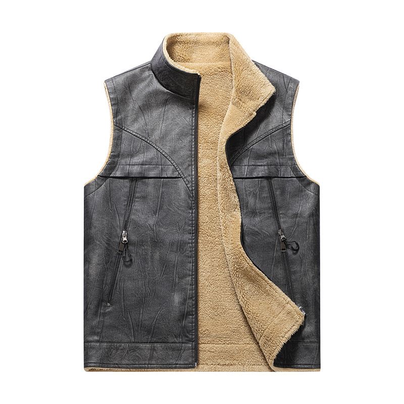 Gilet in pelle PU in pile primaverile e autunnale da uomo, caldo, sportivo, avvolgente, multitasche_voghion.com