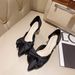 2022 Spring Big Bow Thin High Heel Korean Sweet Closed-Toe Half Mules Pointed Toe Satin Women's Shoes_voghion.com