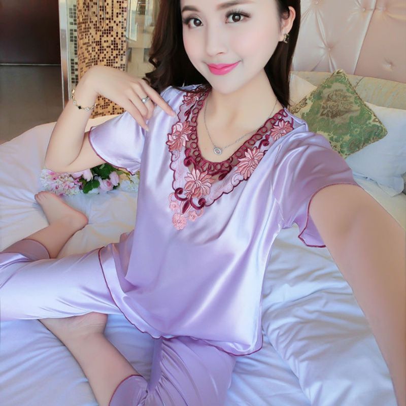 Pijamas femininos terno de verão de manga curta verão duas peças terno feminino fino gelo seda cetim verão verão plus size homewear_voghion.com