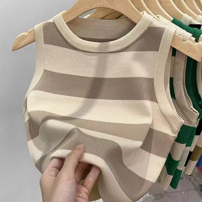 Women's Clothing Summer New Contrast Striped Knitted Vest Female Design Niche Vest Top_voghion.com