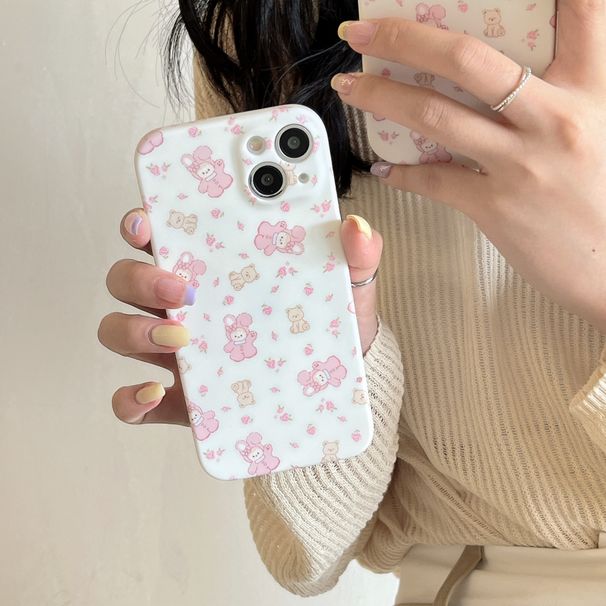 TechGlobe Pink Floral Bear Rabbit Compatible With IPhone 14 Pro Max 15 Phone 13/12 Skin Feel Soft Case_voghion.com