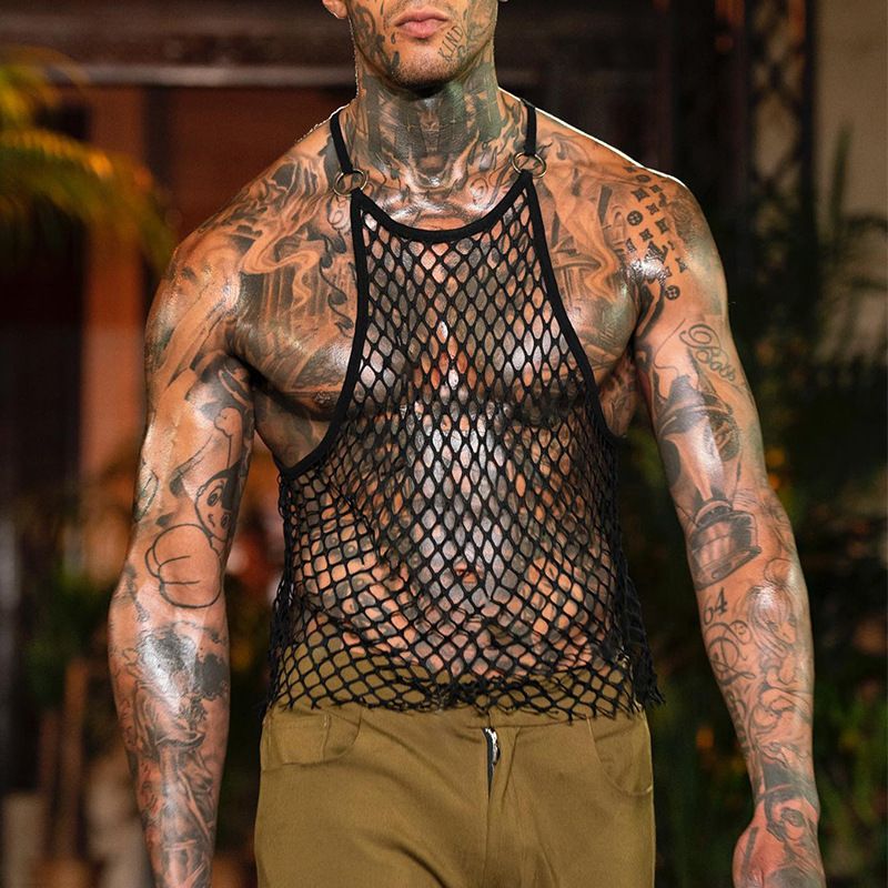 Men's Clothing fishnet vest mesh transparent vest men's sense of perspective breathable I-shaped mesh vest trendy boys_voghion.com