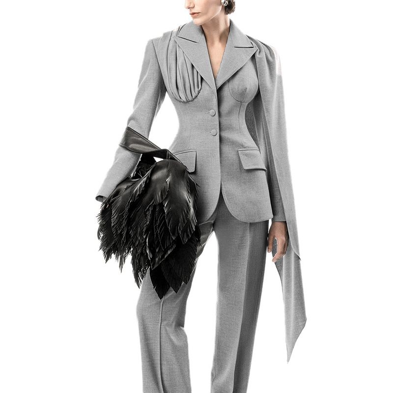 Tailored Asymmetrical Blazer With Detachable Sash – Structured Office-to-Evening Jacket In Grey (Slim Fit, S/M/L)_voghion.com