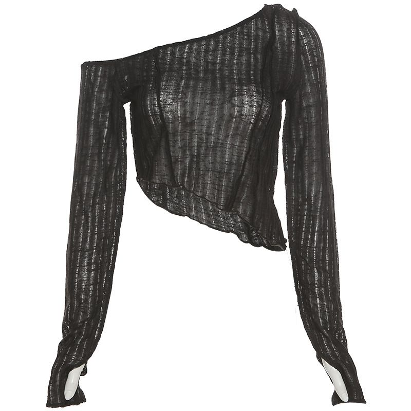 Women's clothing solid color slim fit navel exposed fashion irregular slanted shoulder long-sleeved T-shirt_voghion.com