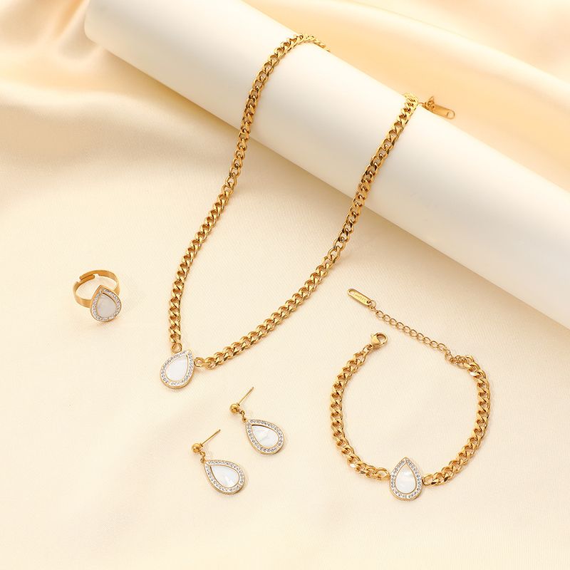Collana con catena cubana, bracciale, orecchini pendenti in acciaio bianco, anello, set di gioielli in acciaio inossidabile con zirconi intarsiati per donna_voghion.com