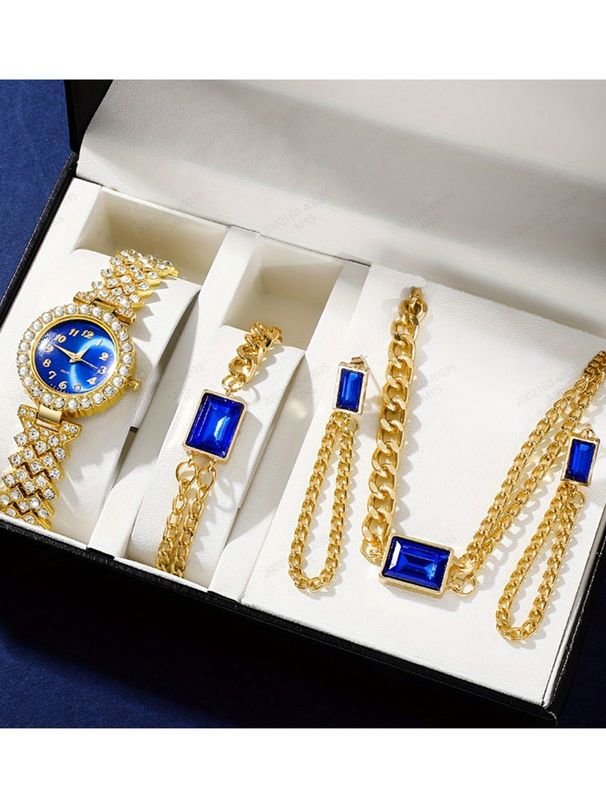 Orologio al quarzo da donna in stile hot + set di tre pezzi impilabili con zirconi blu royal e collana quadrata piccola retrò_voghion.com