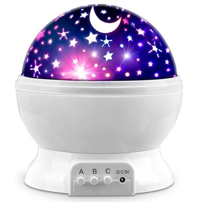 Lámpara de mesa con proyector de luna y estrellas que gira 360°, 12 modos de luz que cambian de color, USB, adecuada para decoraciones de fiestas en el dormitorio y regalos_voghion.com