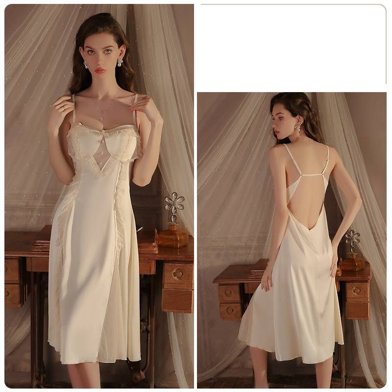 Ensemble nuisette et peignoir Guiruo en dentelle – Nuisette en satin douce et sensuelle avec lien ajustable et soutien-gorge intégré (Crème/Lavande, S/M)_voghion.com