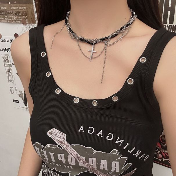 Collier à pampilles en perles croisées de style gothique punk pour femme, chaîne de clavicule lourde et sombre_voghion.com