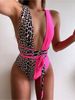 2020 New Bikini Swimsuit Women's One-Piece Leopard Print Patchwork Tie Swimwear_voghion.com