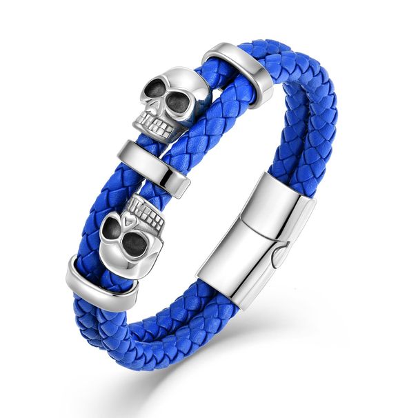 Braccialetto in pelle con teschio e corda rotonda bicolore in acciaio con chiusura magnetica per Halloween e perline in pietra naturale pura_voghion.com