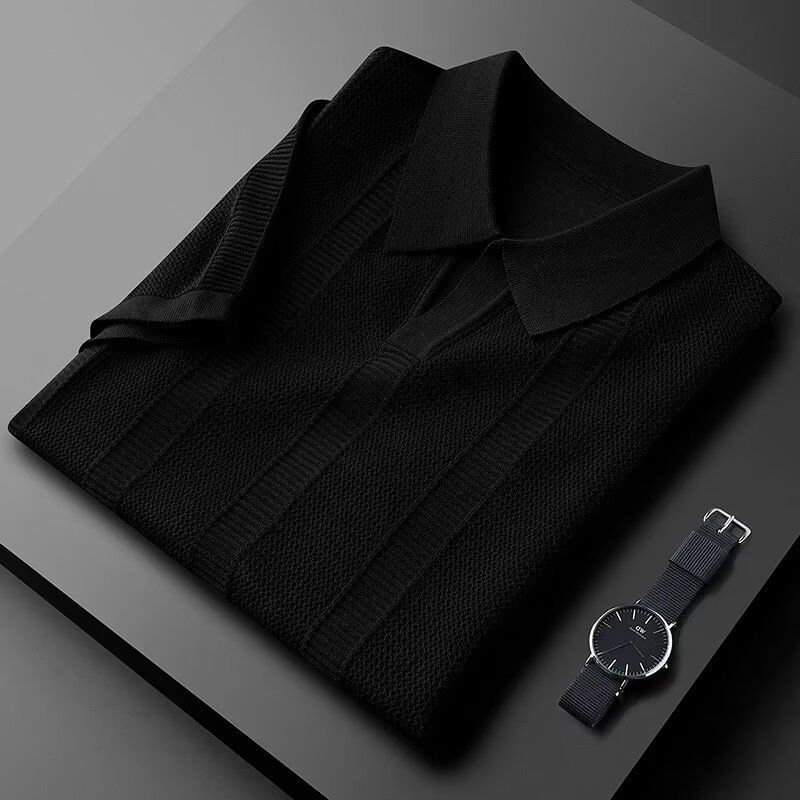 Polo da uomo in seta ghiacciata, tinta unita, a maniche corte, con risvolto multicolore, semplice, da uomo_voghion.com
