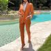 Elegant Striped Blazer & Trousers Set – Long Sleeve Notch Lapel, Wrinkle-Resistant Polyester & PU Blend (Orange, S/M/L/XL, Retro Office Chic)_voghion.com