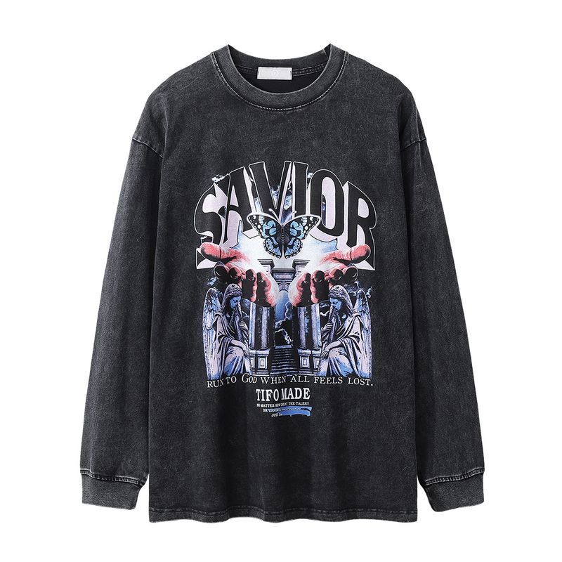 Rock Butterfly Printed Long Sleeve for Men, Ins American High Street Trendy Brand Hip Hop Washed Outdated T-shirt_voghion.com