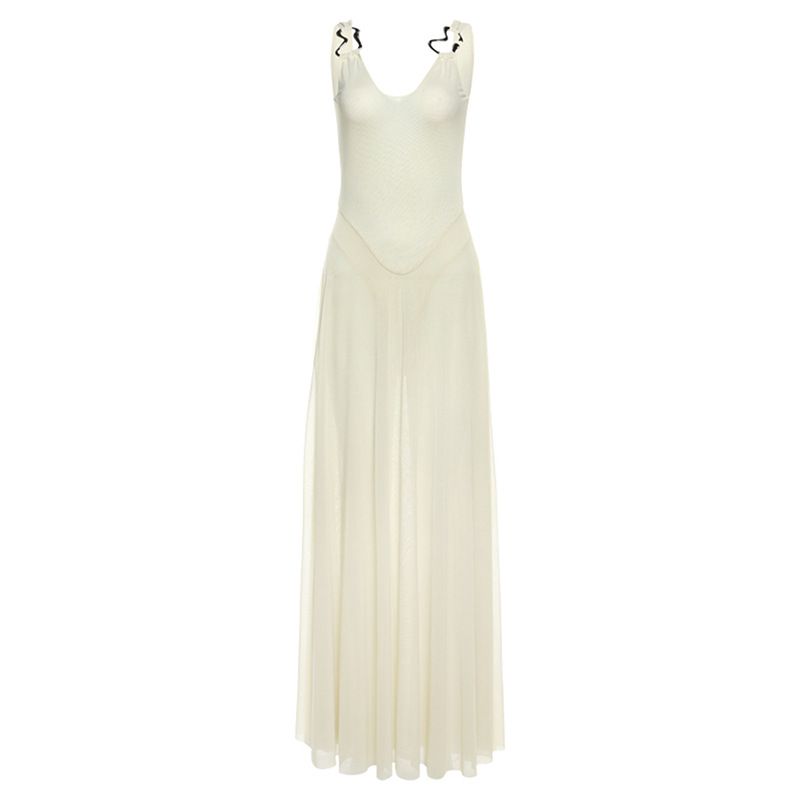 Vêtements pour femmes Printemps Sexy Slim Col en V Dos Nu Bretelles Jupe longue Tempérament Robe en maille_voghion.com