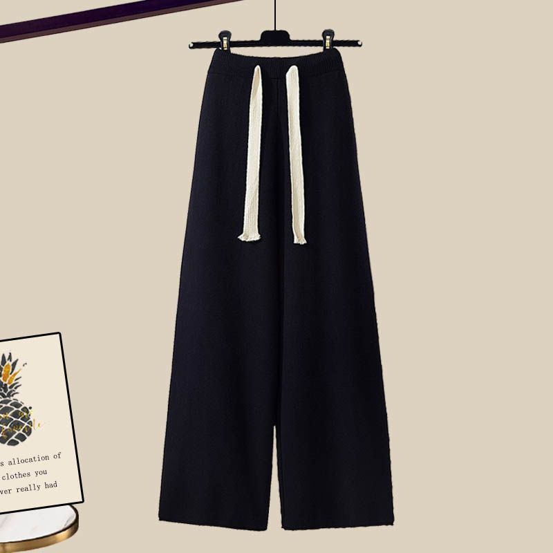 Ensemble deux pièces automne/hiver grande taille pour femme : pull en maille, coupe ample, pantalon à jambes larges_voghion.com