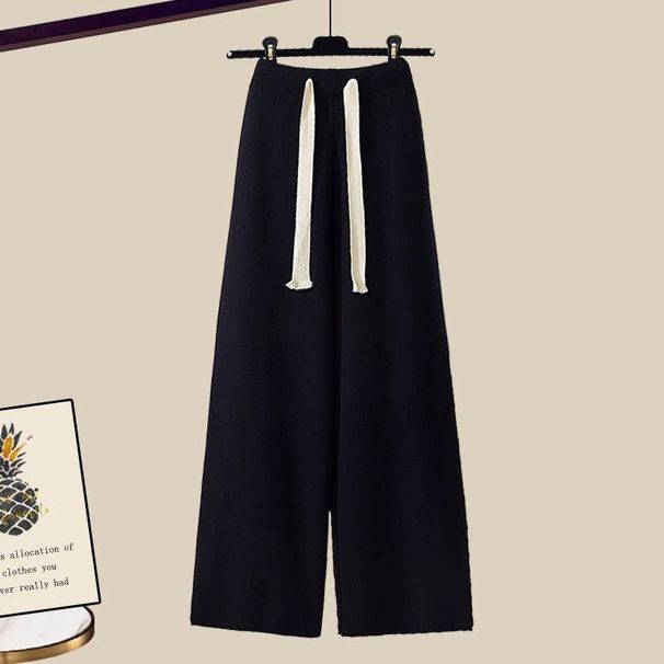 Ensemble deux pièces automne/hiver grande taille pour femme : pull en maille, coupe ample, pantalon à jambes larges_voghion.com