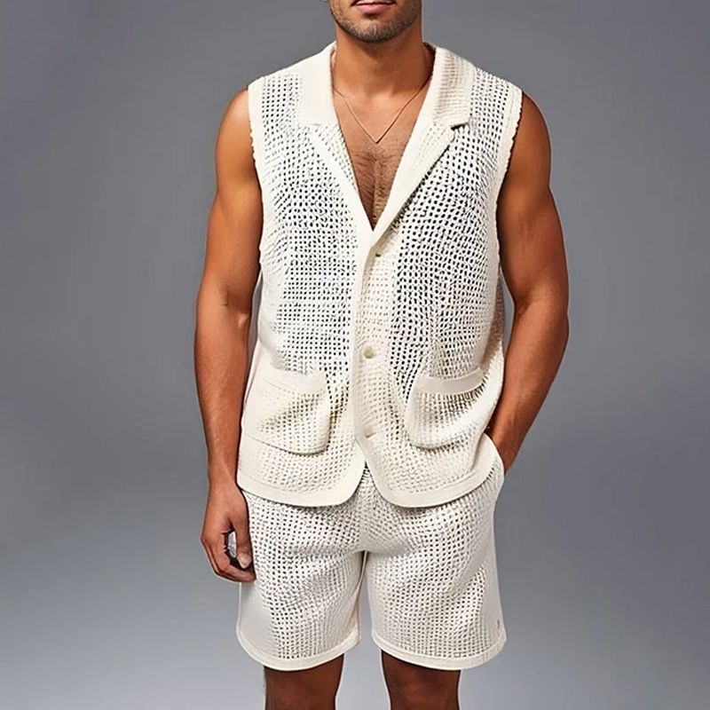 Men's Sports Casual Daily Loose Trendy Hollow Shirt Vest Shorts Suit_voghion.com