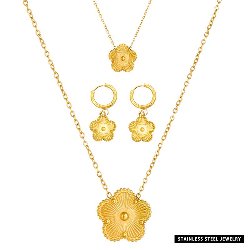 Five-Leaf Clover Jewellery Set for Women Girls Gold Plated Stainless Steel Choker Necklace Earrings Bracelet Jewellery Set _voghion.com