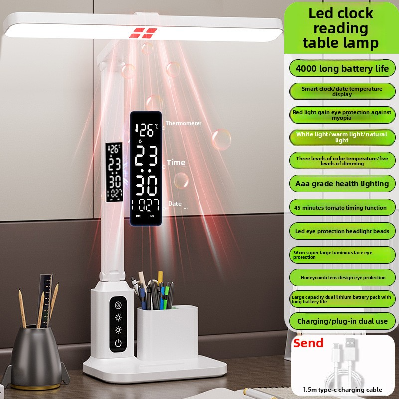 LED-Schreibtischlampe mit Uhr und Bücherständer – Augenschonendes Leselicht, einstellbare Helligkeit, 3 Farbmodi, Touch-Steuerung_voghion.com