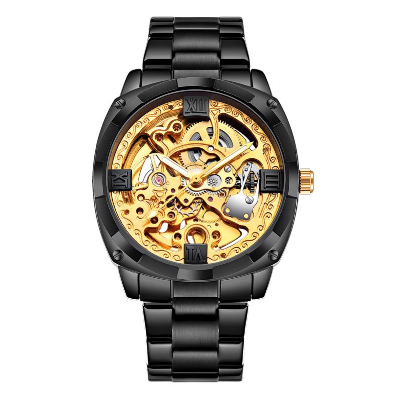 Orologio da uomo di tendenza con cinturino in acciaio meccanico completamente automatico alla moda con quadrante grande_voghion.com