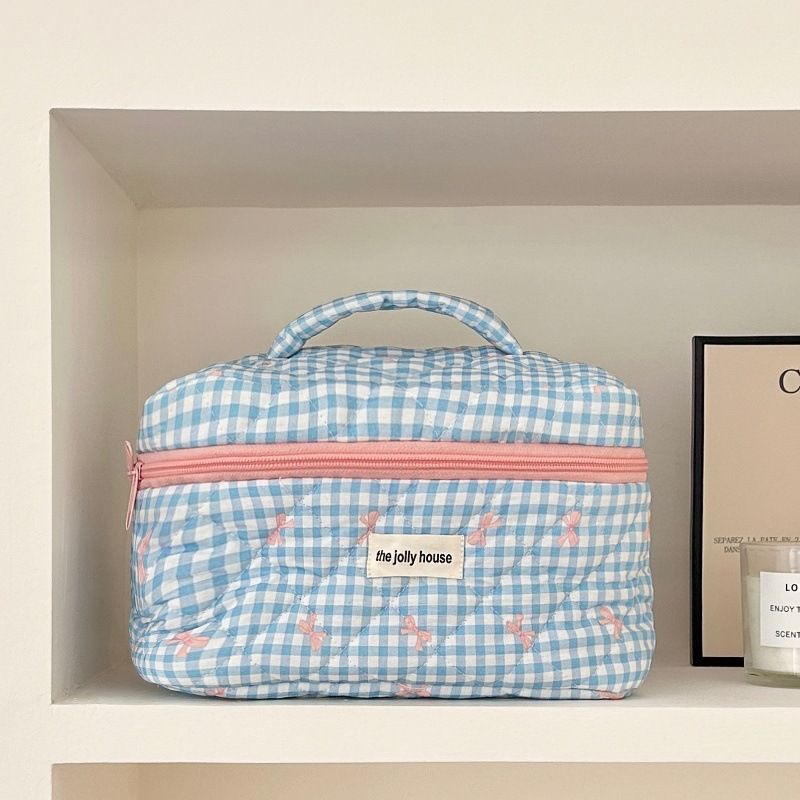 Beg Klassische Schminktasche mit karierter Schleife – Kosmetik-Organizer mit großem Fassungsvermögen für unterwegs (Kulturtasche für Damen)_voghion.com