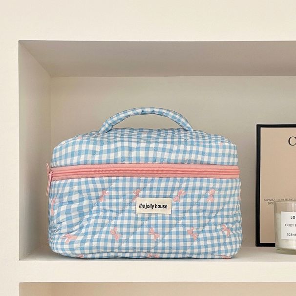 Beg Klassische Schminktasche mit karierter Schleife – Kosmetik-Organizer mit großem Fassungsvermögen für unterwegs (Kulturtasche für Damen)_voghion.com