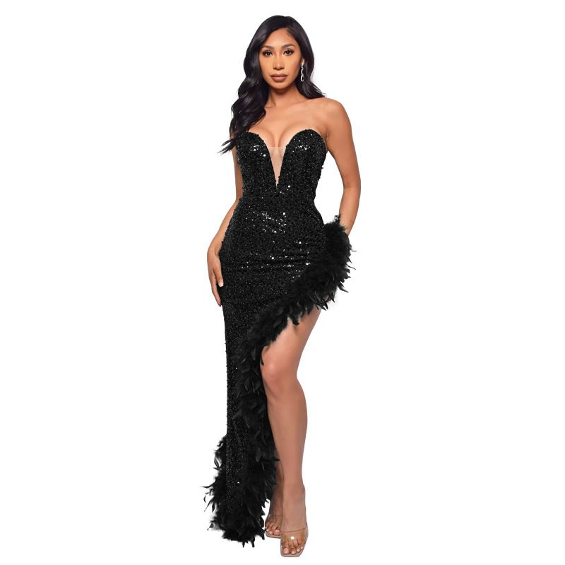 Ins Damenbekleidung rückenfreies, paillettenbesetztes Federkleid für Damen_voghion.com