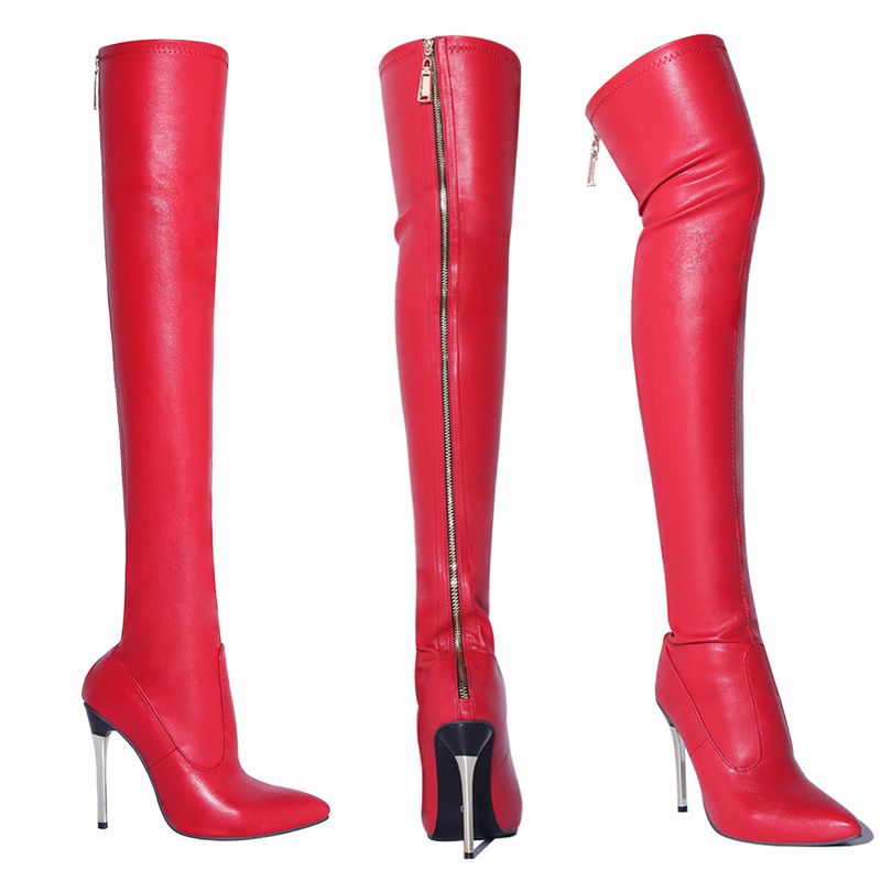 Mode effen kleur stiletto hakken metalen rits over de knie laarzen_voghion.com