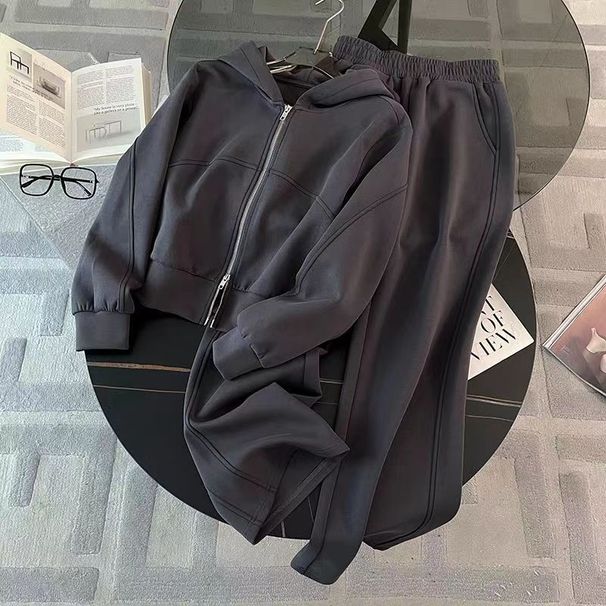 Women's Casual Zip-Up Hoodie & Wide Leg Pants Set – Trendy & Comfortable For Autumn & Winter (Greyish/White, S-2XL)_voghion.com