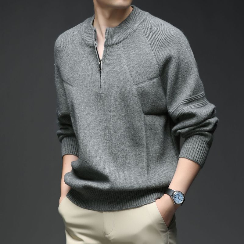 Maglione da uomo in maglia con mezza zip, modello casual di ispirazione coreana, con elastico e confortevole (beige/grigio/nero, M-XXXXL)_voghion.com
