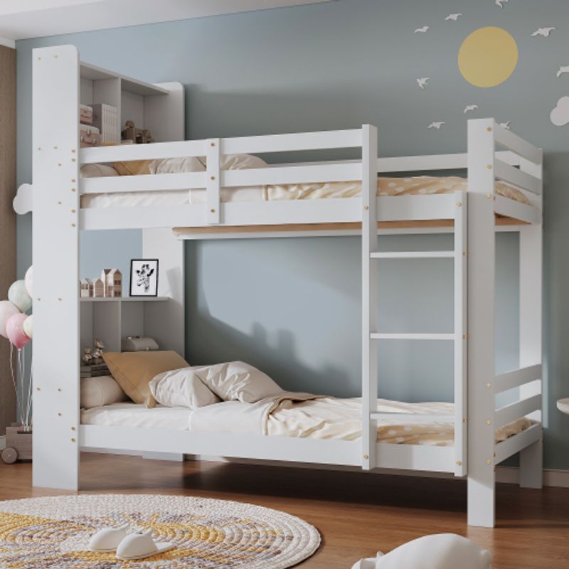 Etagenbett Mit Regalen Und Dreistufiger, Rechtwinkliger Leiter, Stauraum-Holzbett, Bettrahmen Aus Massivholz, Blanc, 90x200 cm_voghion.com
