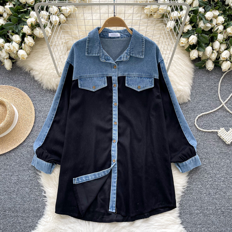 Abbigliamento donna Polo shirt da donna invernale denim cuciture colori a contrasto retrò distressed chic design street style top_voghion.com