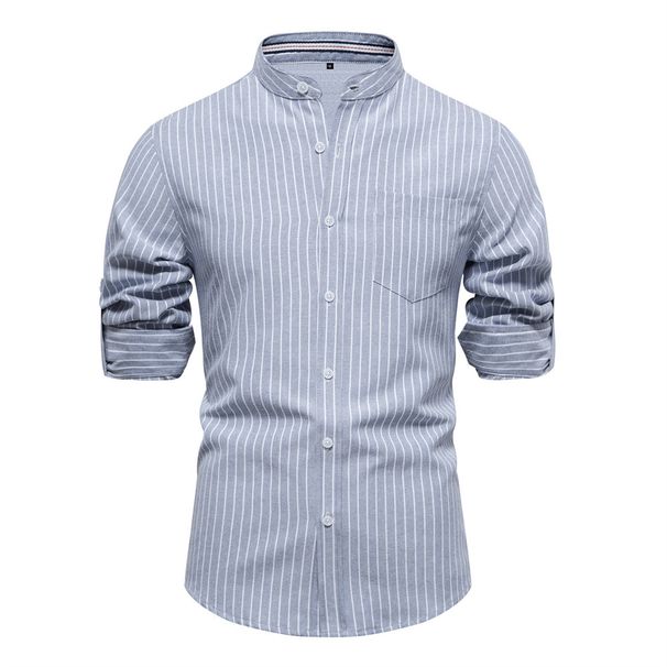 Camicia a maniche lunghe a righe da uomo in cotone e lino, moda casual_voghion.com